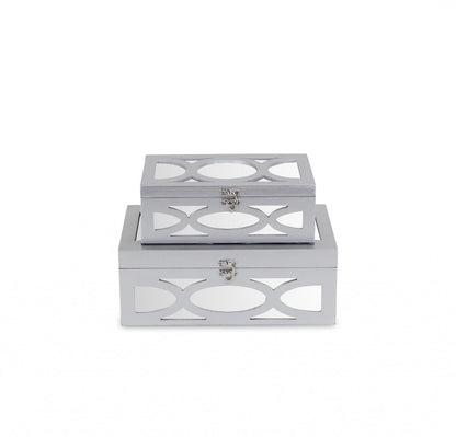 Set of Two Silver Mirrored Glass And Wood Box With Lid