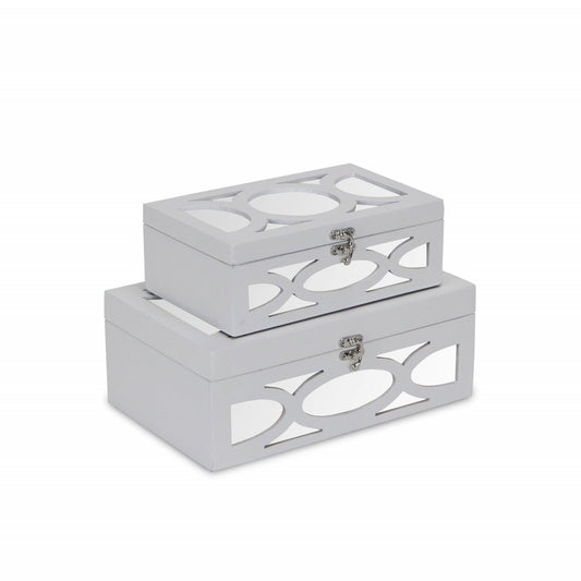 Set of Two White Mirrored Glass And Wood Box With Lid