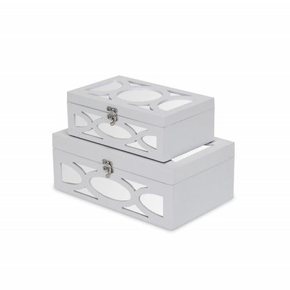 Set of Two White Mirrored Glass And Wood Box With Lid