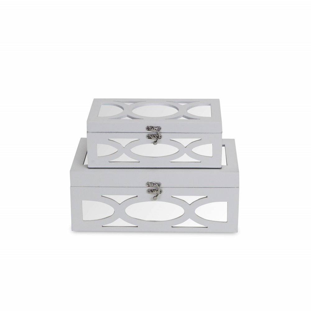 Set of Two White Mirrored Glass And Wood Box With Lid