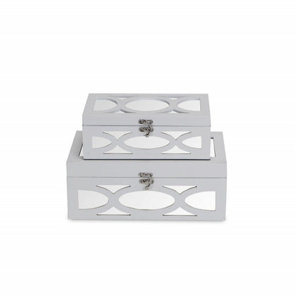 Set of Two White Mirrored Glass And Wood Box With Lid
