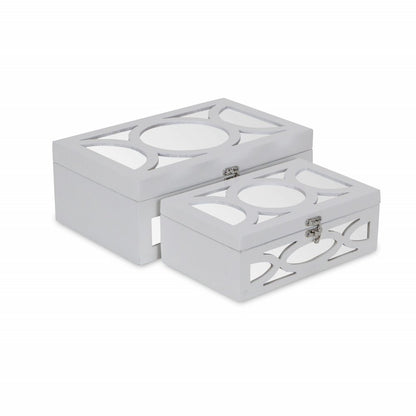Set of Two White Mirrored Glass And Wood Box With Lid