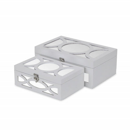 Set of Two White Mirrored Glass And Wood Box With Lid