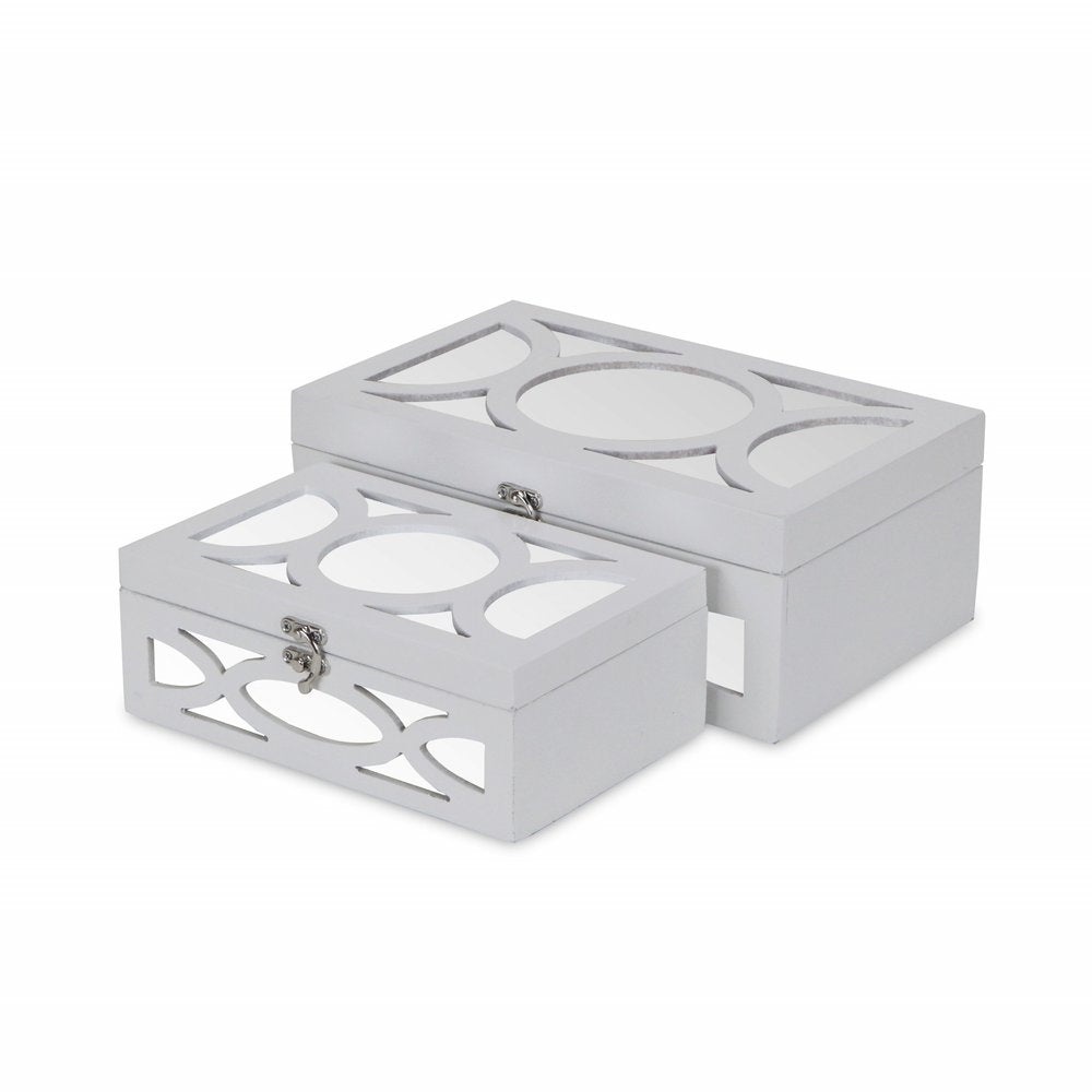 Set of Two White Mirrored Glass And Wood Box With Lid