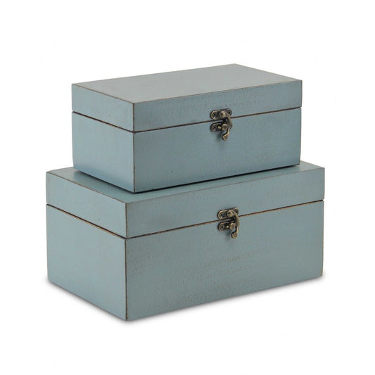 Set of Two Blue Wood Box With Lid
