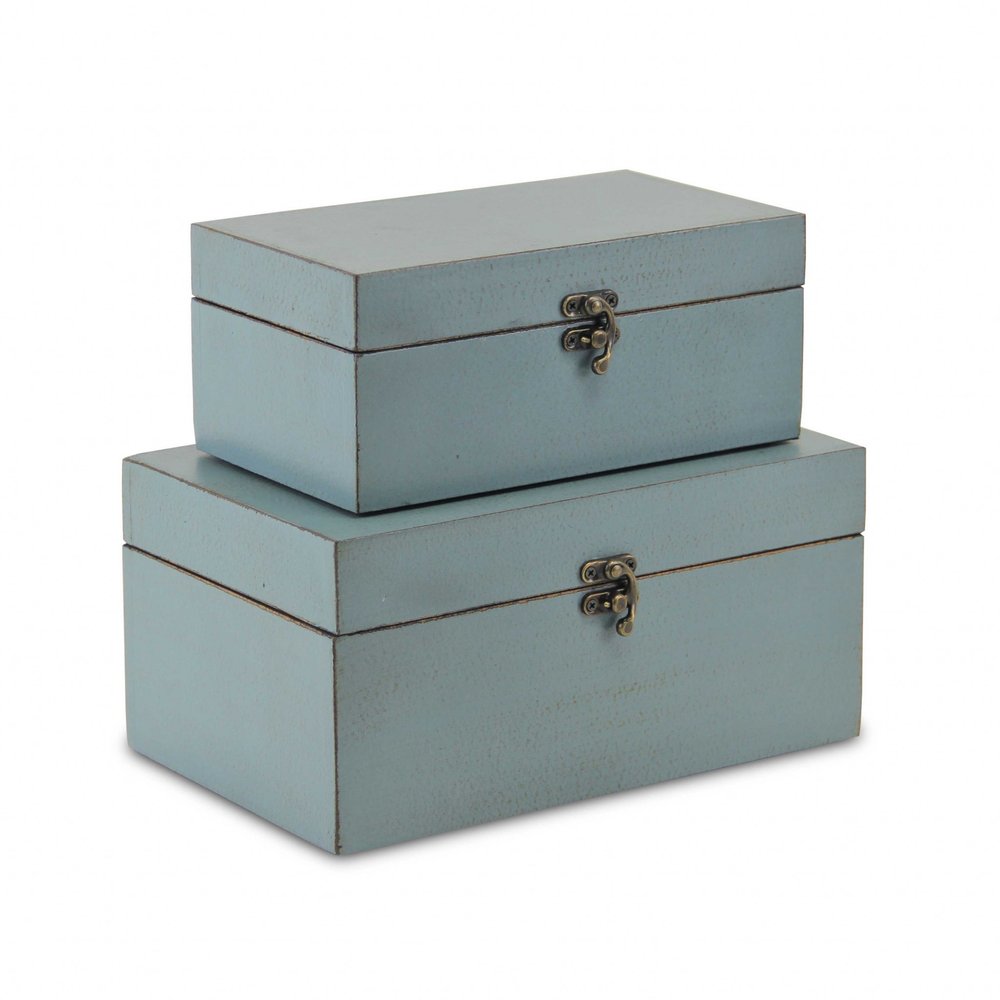 Set of Two Blue Wood Box With Lid