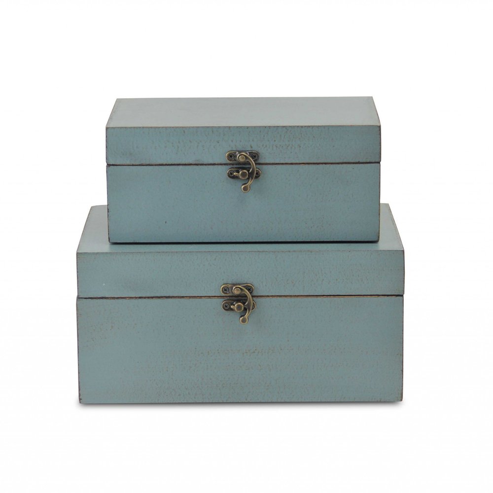 Set of Two Blue Wood Box With Lid