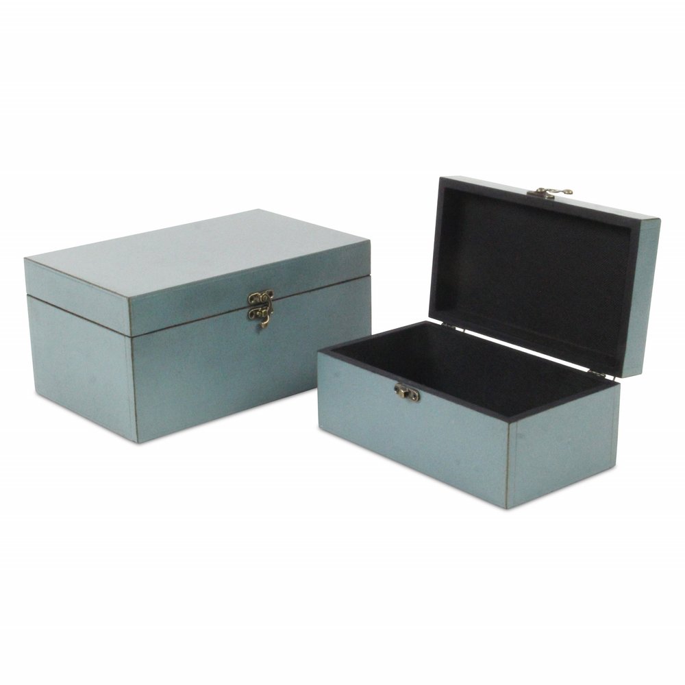 Set of Two Blue Wood Box With Lid