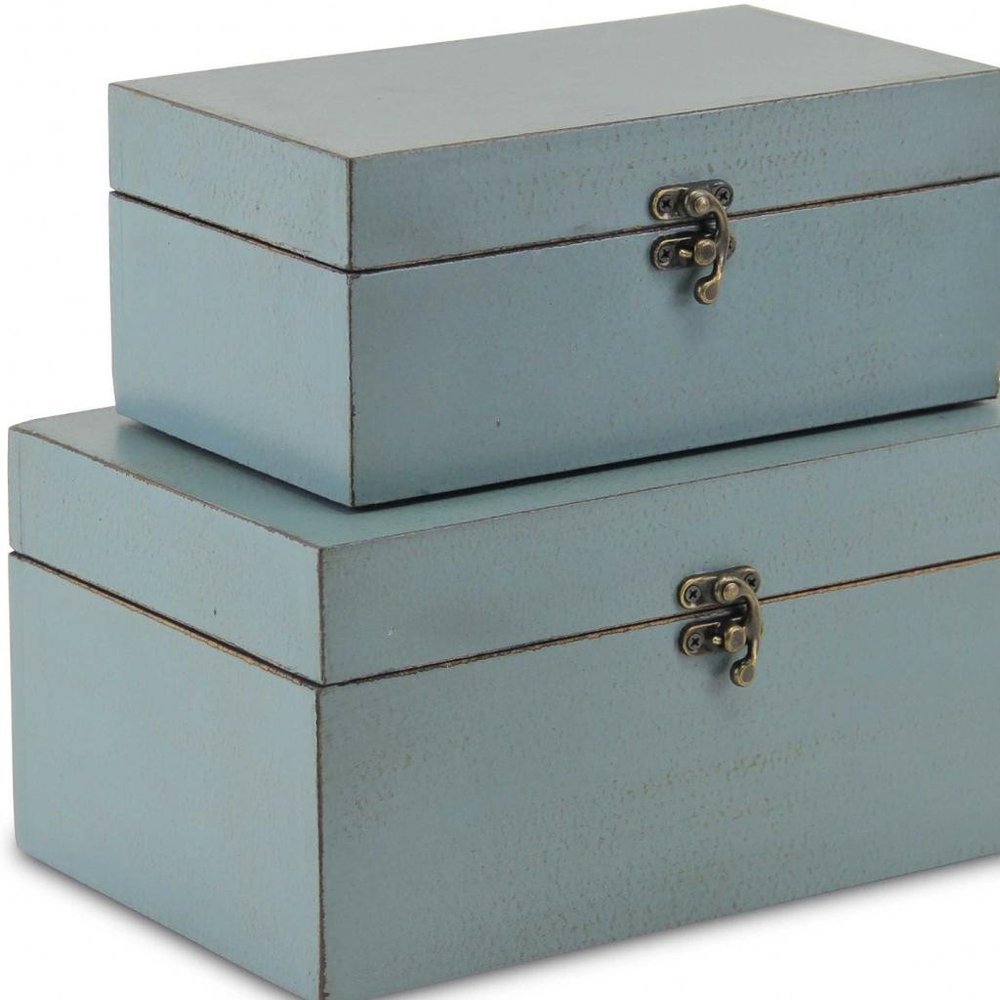 Set of Two Blue Wood Box With Lid