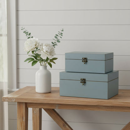 Set of Two Blue Wood Box With Lid