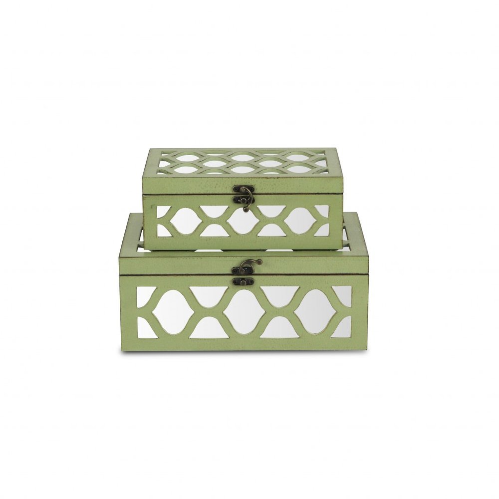 Set of Two Green Mirrored Glass And Solid Wood Box With Lid