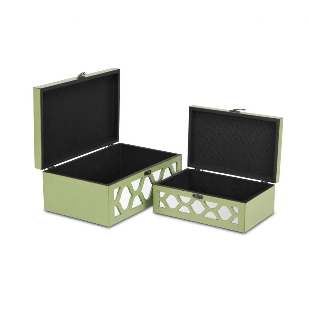 Set of Two Green Mirrored Glass And Solid Wood Box With Lid