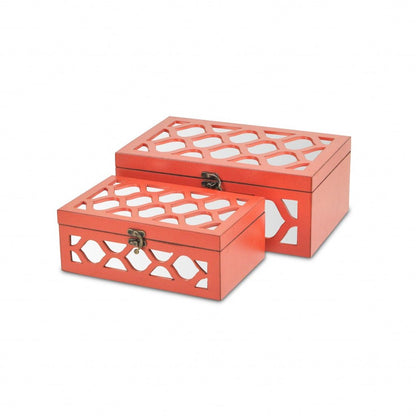 Set of Two Orange Mirrored Glass And Solid Wood Box With Lid