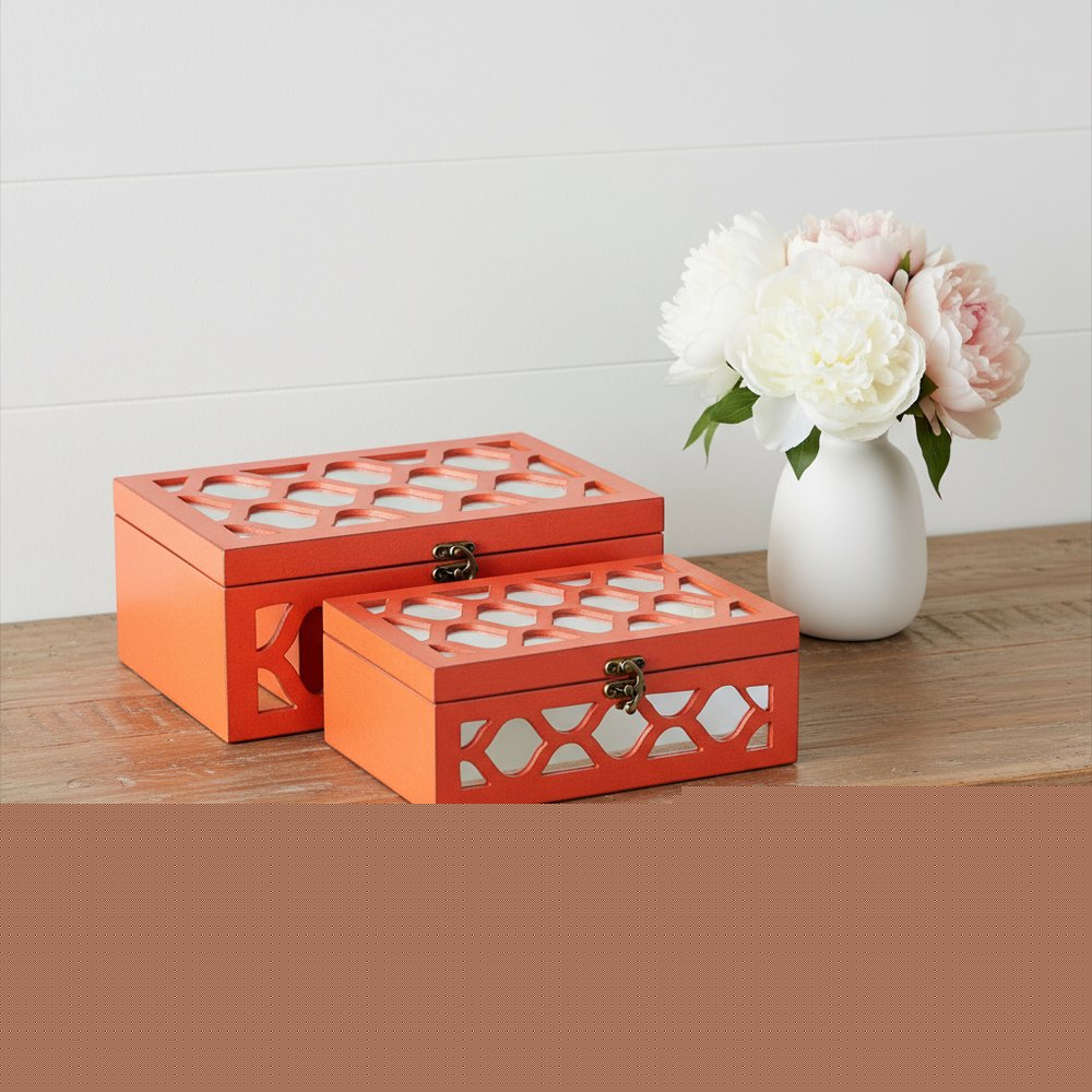 Set of Two Orange Mirrored Glass And Solid Wood Box With Lid
