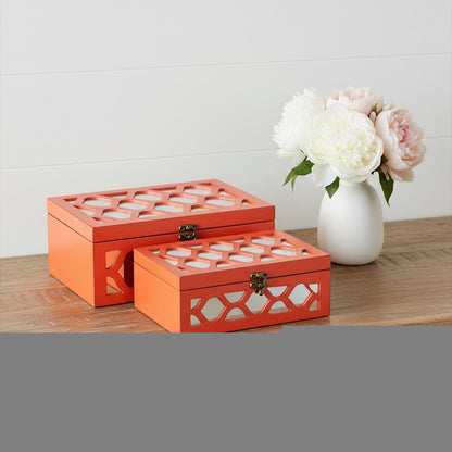 Set of Two Orange Mirrored Glass And Solid Wood Box With Lid