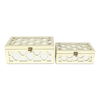Set of Two White Mirrored Glass And Solid Wood Box With Lid
