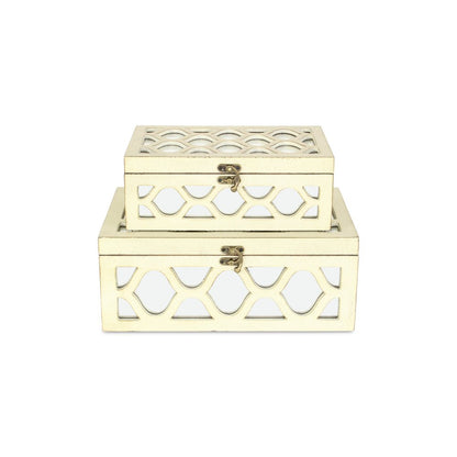 Set of Two White Mirrored Glass And Solid Wood Box With Lid