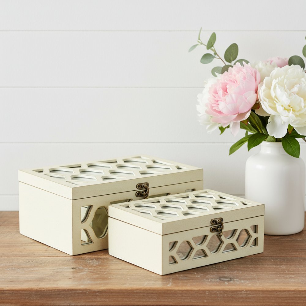 Set of Two White Mirrored Glass And Solid Wood Box With Lid