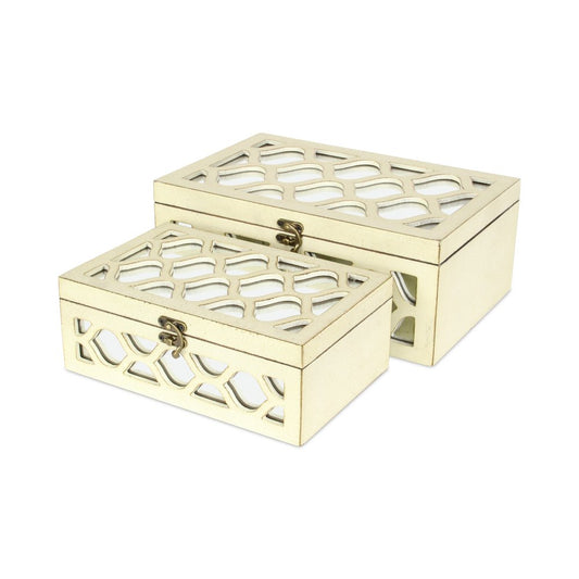 Set of Two White Mirrored Glass And Solid Wood Box With Lid