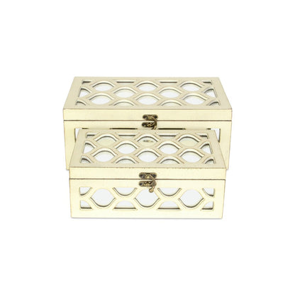 Set of Two White Mirrored Glass And Solid Wood Box With Lid
