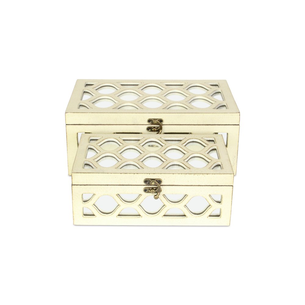 Set of Two White Mirrored Glass And Solid Wood Box With Lid