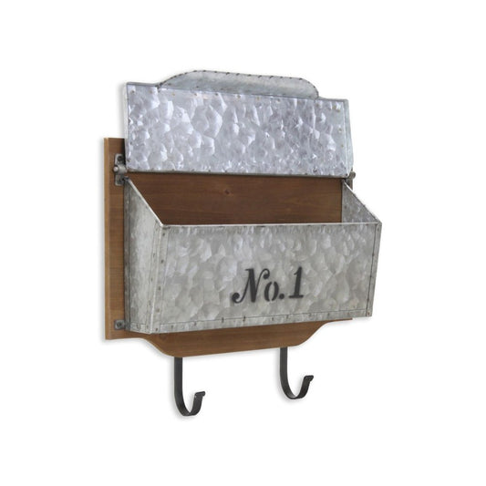 14" Brown And Gray Metal And Solid Wood Mail Box With Lid