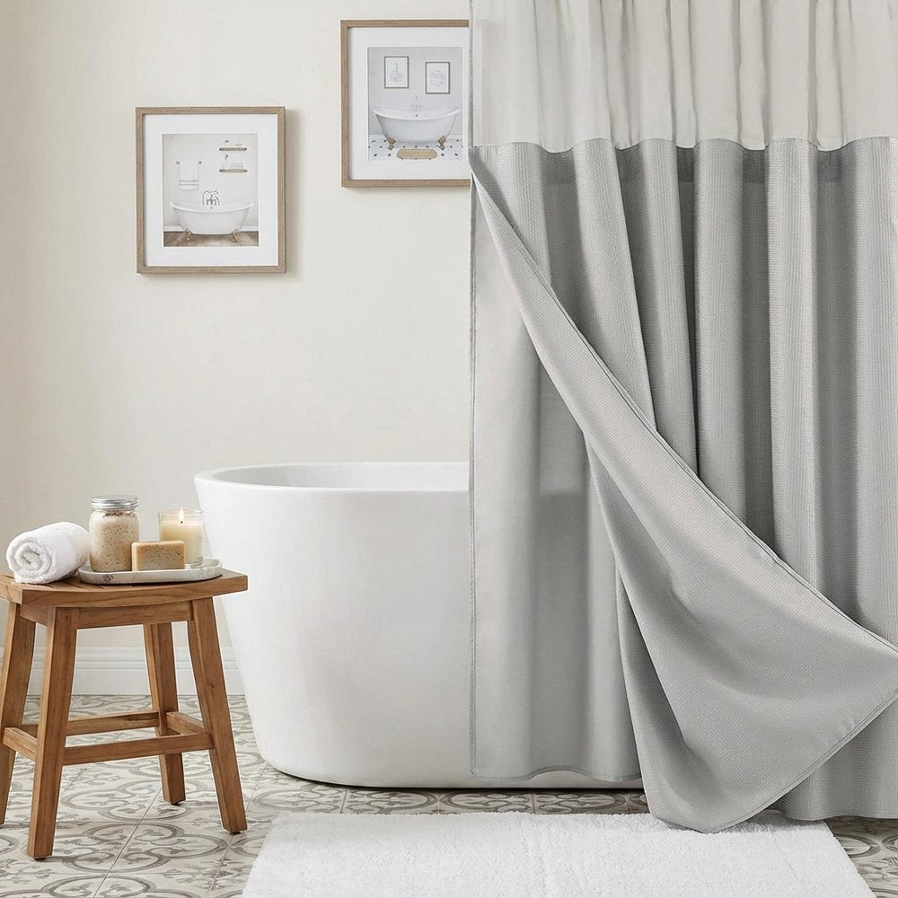 Silver Modern Grid Shower Curtain and Liner Set