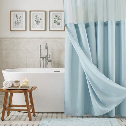 Light Blue Sheer and Grid Shower Curtain and Liner Set