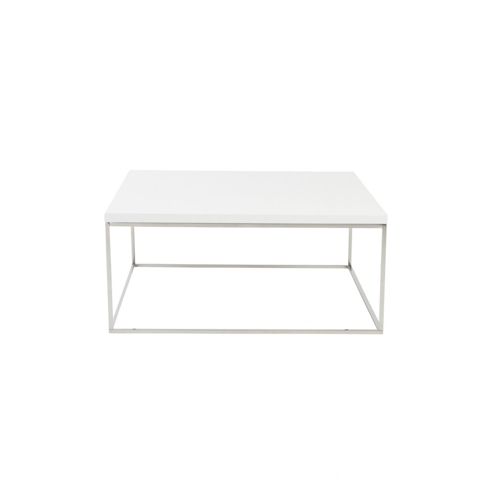 35" White and Silver Wood And Metal Square Frame Coffee Table