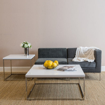 35" White and Silver Wood And Metal Square Frame Coffee Table