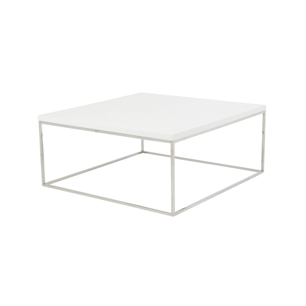 35" White and Silver Wood And Metal Square Frame Coffee Table