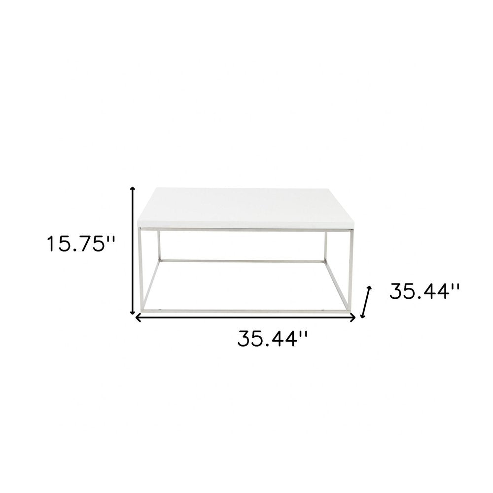 35" White and Silver Wood And Metal Square Frame Coffee Table