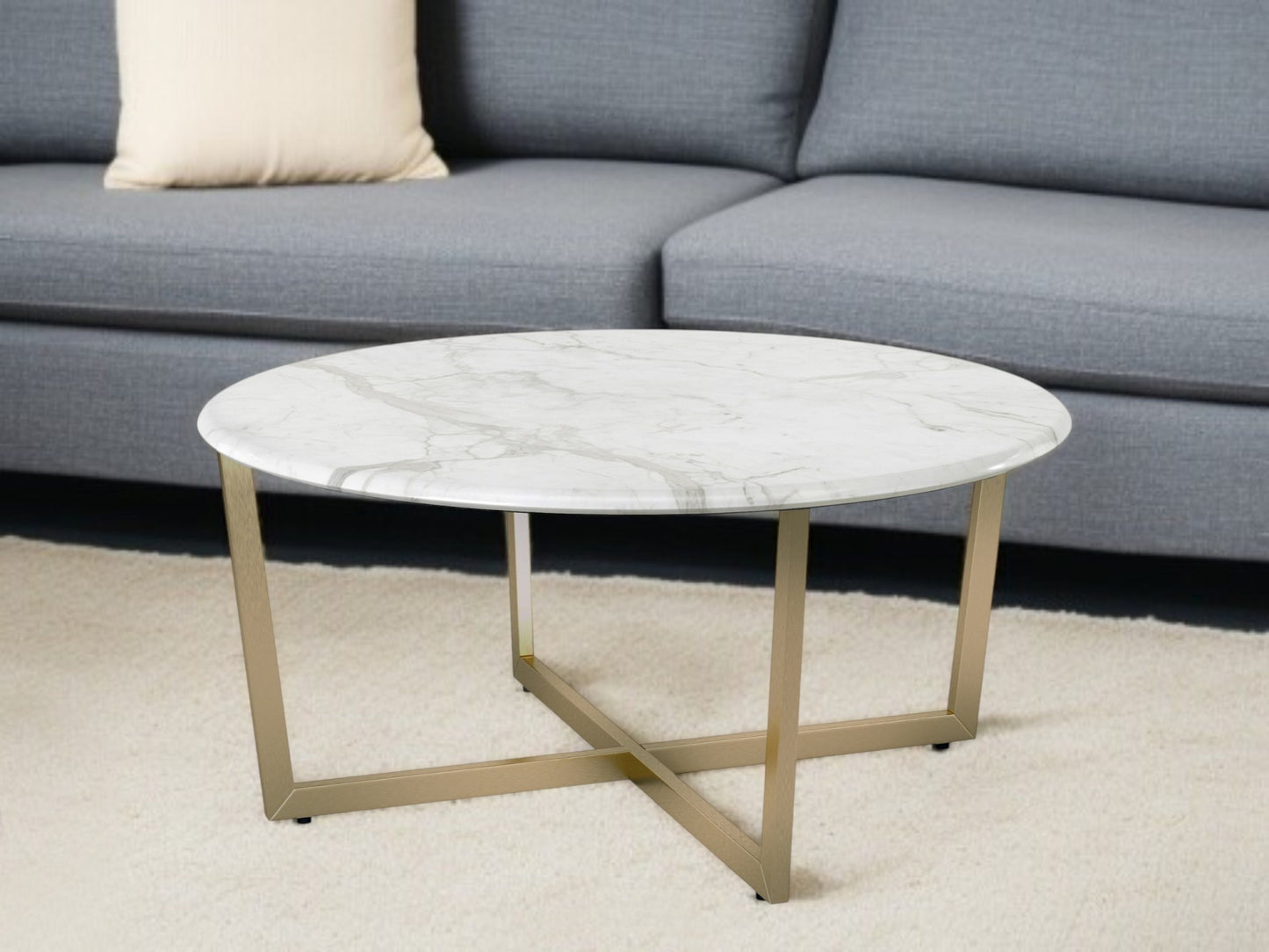 36" White and Gold Wood And Metal Round Cross Legs Coffee Table
