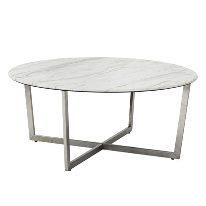 36" White and Silver Wood And Metal Round Cross Legs Coffee Table