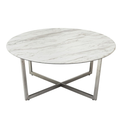 36" White and Silver Wood And Metal Round Cross Legs Coffee Table
