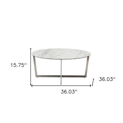 36" White and Silver Wood And Metal Round Cross Legs Coffee Table