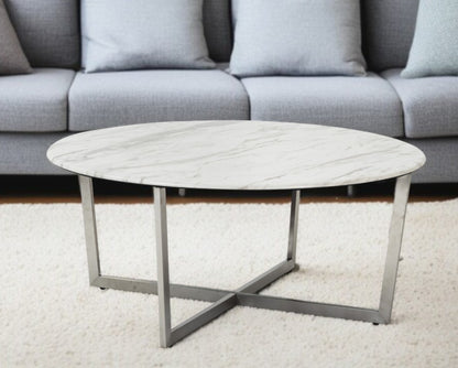 36" White and Silver Wood And Metal Round Cross Legs Coffee Table