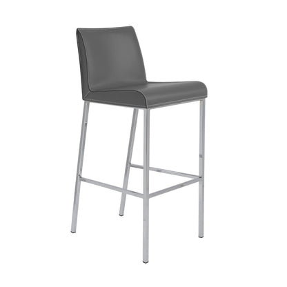 Set of Two 31" Gray And Silver Genuine Leather And Steel Low Back Bar Height Bar Chairs