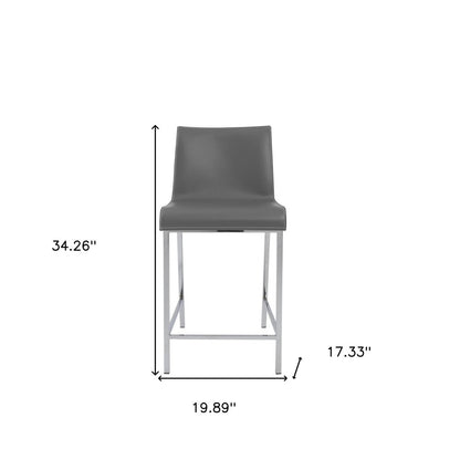 Set of Two 24" Gray And Silver Genuine Leather And Steel Low Back Counter Height Bar Chairs