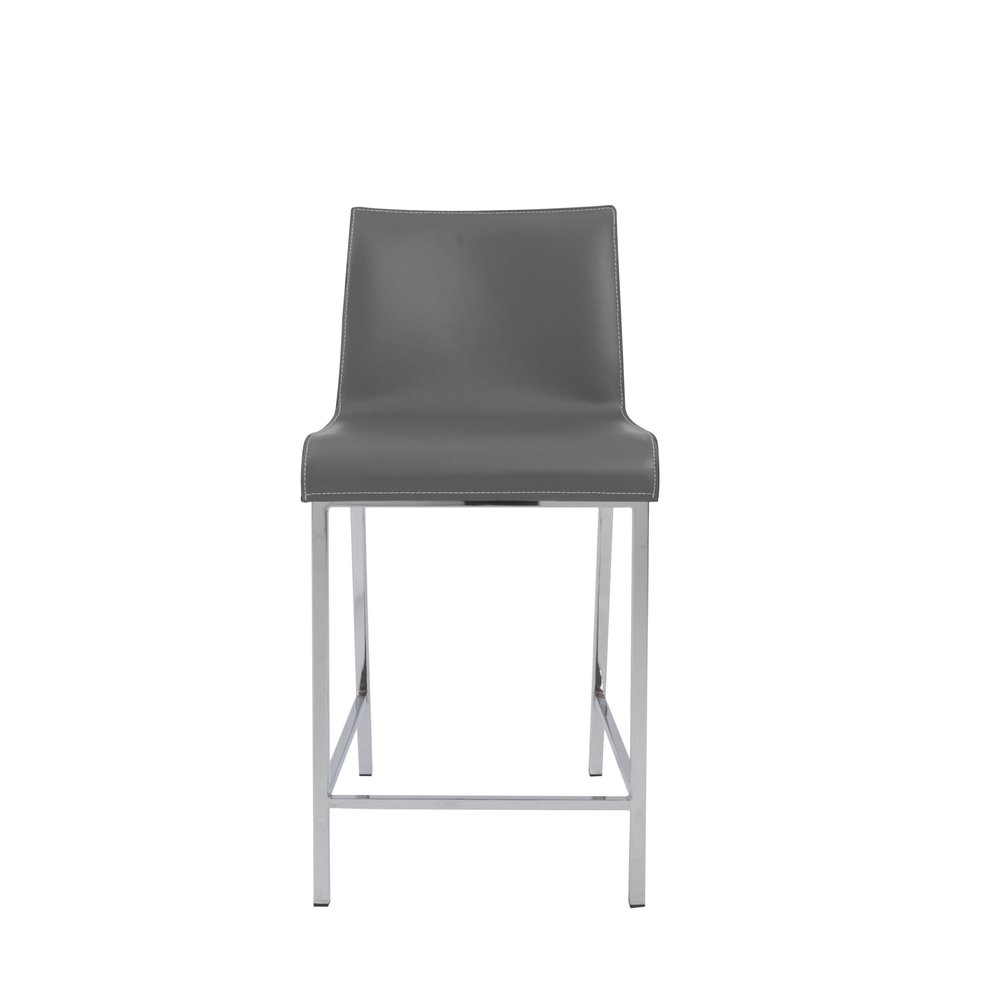 Set of Two 24" Gray And Silver Genuine Leather And Steel Low Back Counter Height Bar Chairs