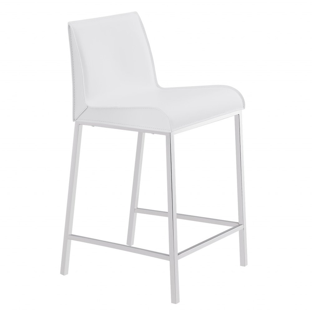 Set of Two 24" White And Silver Genuine Leather And Steel Low Back Counter Height Bar Chairs