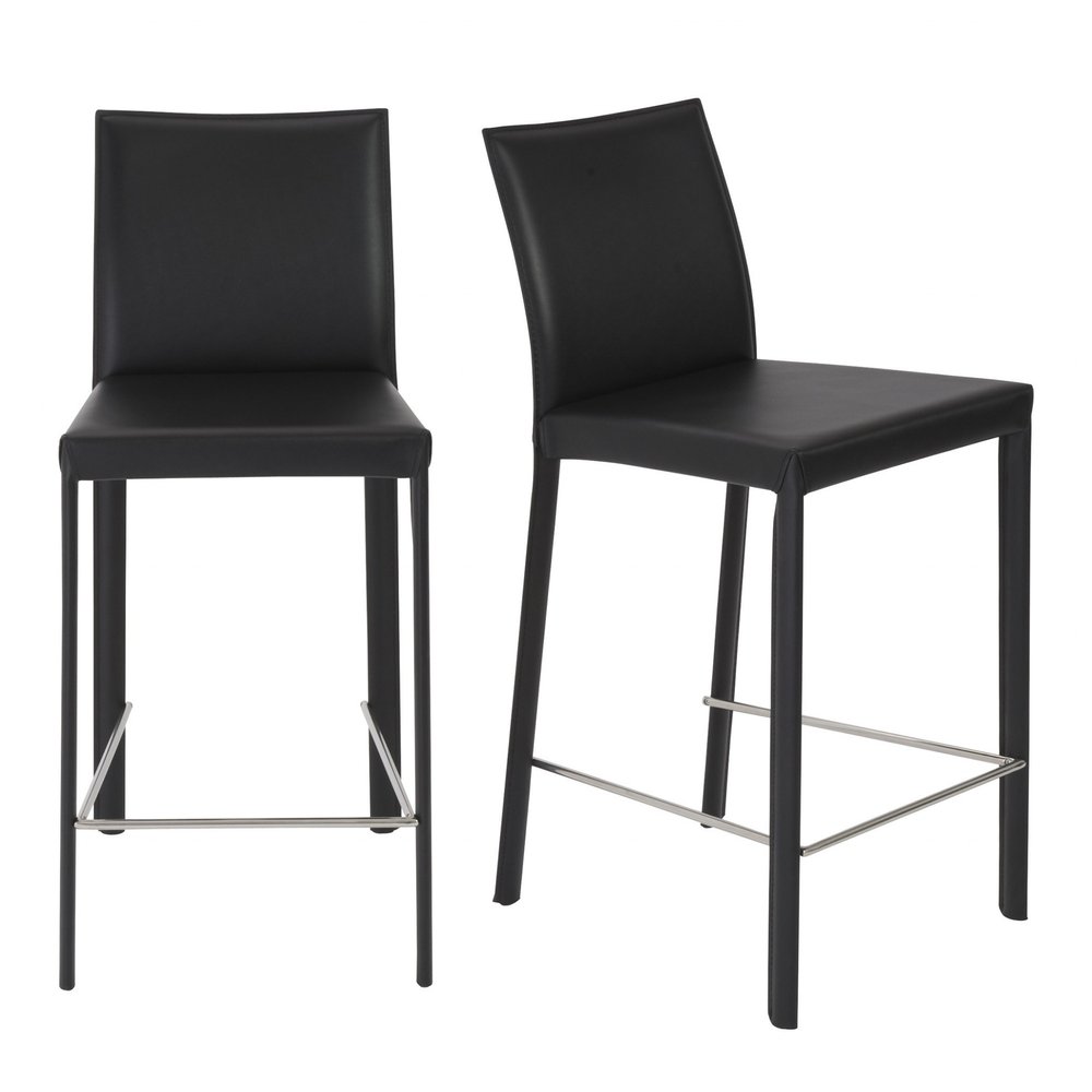 Set of Two 26" Black Faux Leather And Steel Low Back Counter Height Bar Chairs