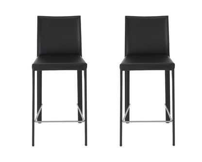 Set of Two 26" Black Faux Leather And Steel Low Back Counter Height Bar Chairs