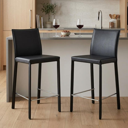 Set of Two 26" Black Faux Leather And Steel Low Back Counter Height Bar Chairs