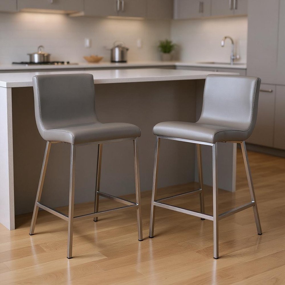 Set of Two 26" Gray And Silver Faux Leather And Steel Low Back Counter Height Bar Chairs