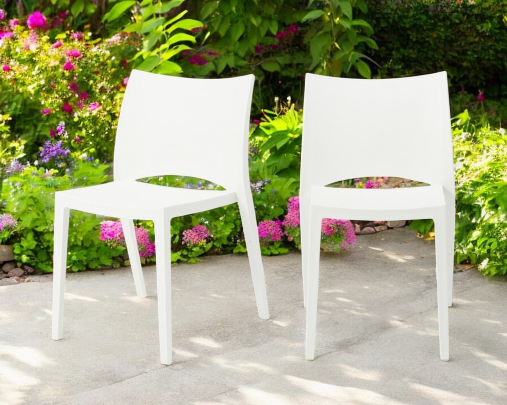Set of Two White Heavy Duty Plastic Outdoor Stacking Dining Chairs