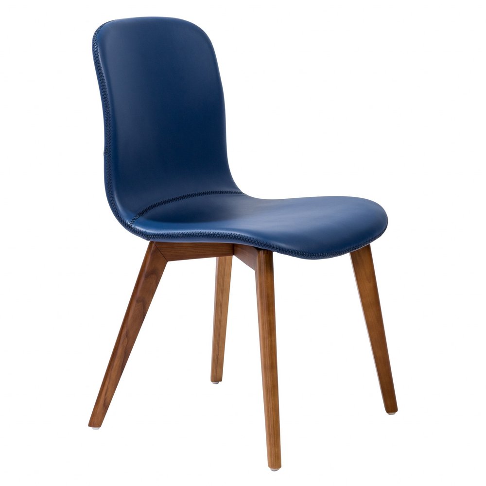 Set of Two Blue and Brown Upholstered Leather Dining Side Chairs