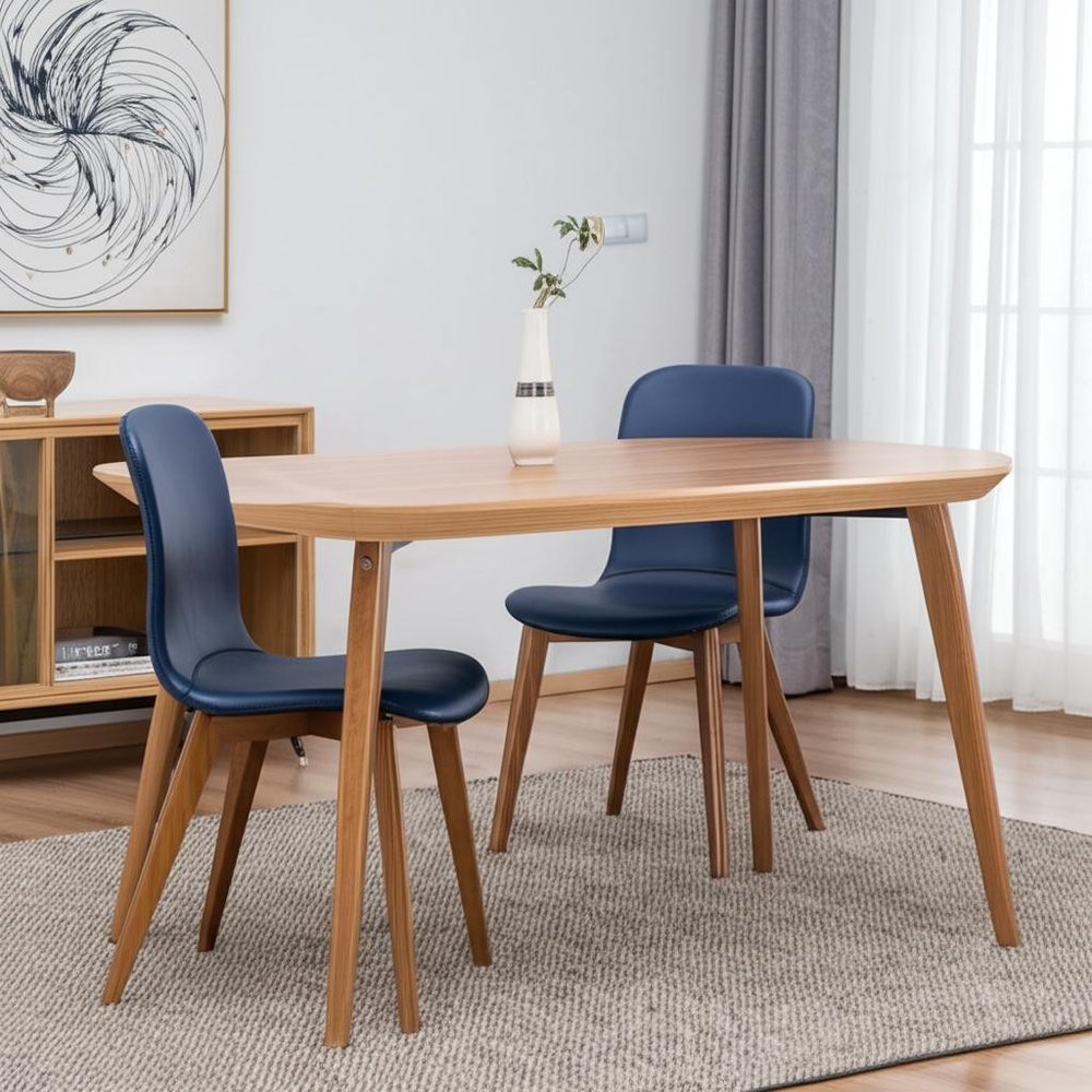Set of Two Blue and Brown Upholstered Leather Dining Side Chairs