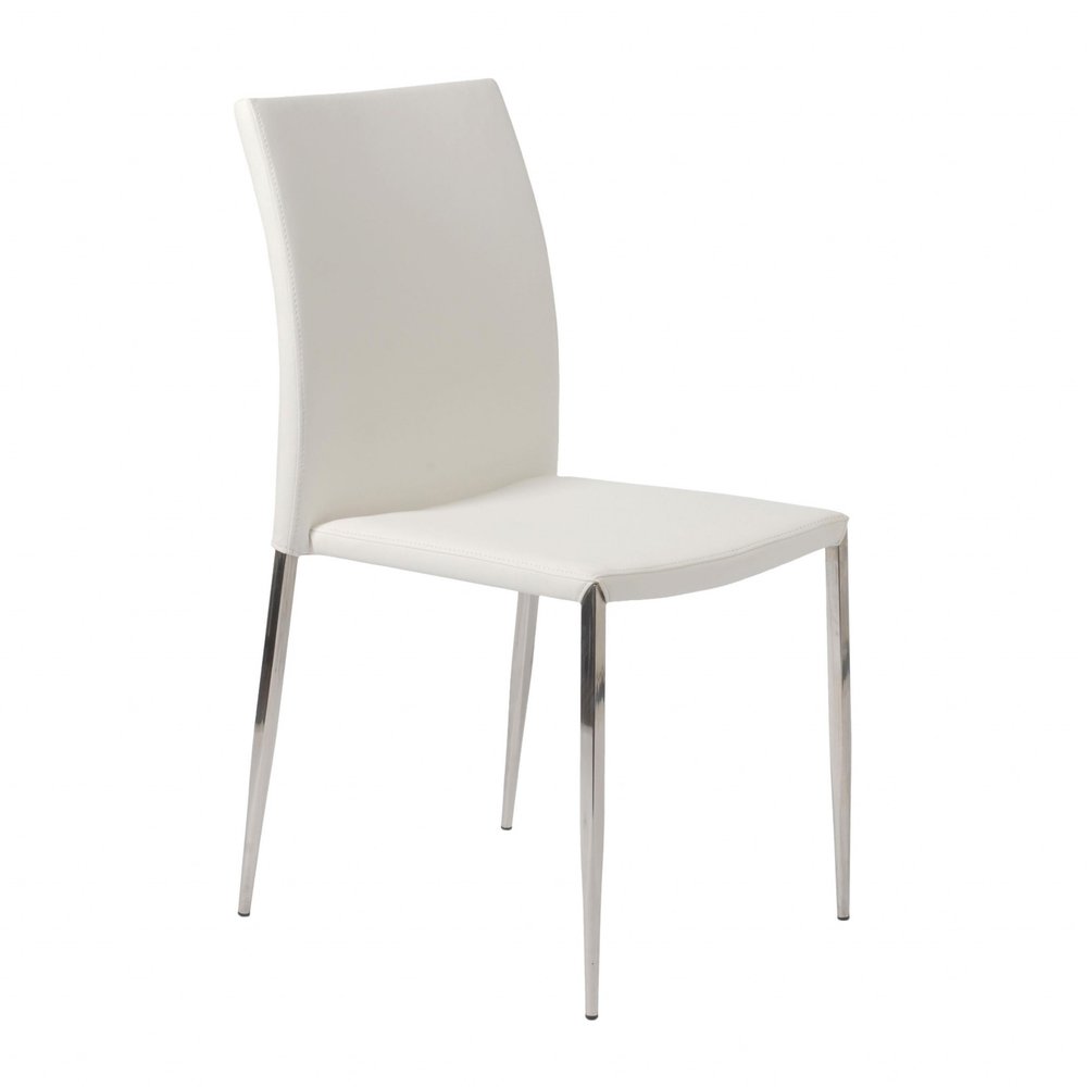Set of Two White and Silver Upholstered Faux Leather Dining Side Chairs