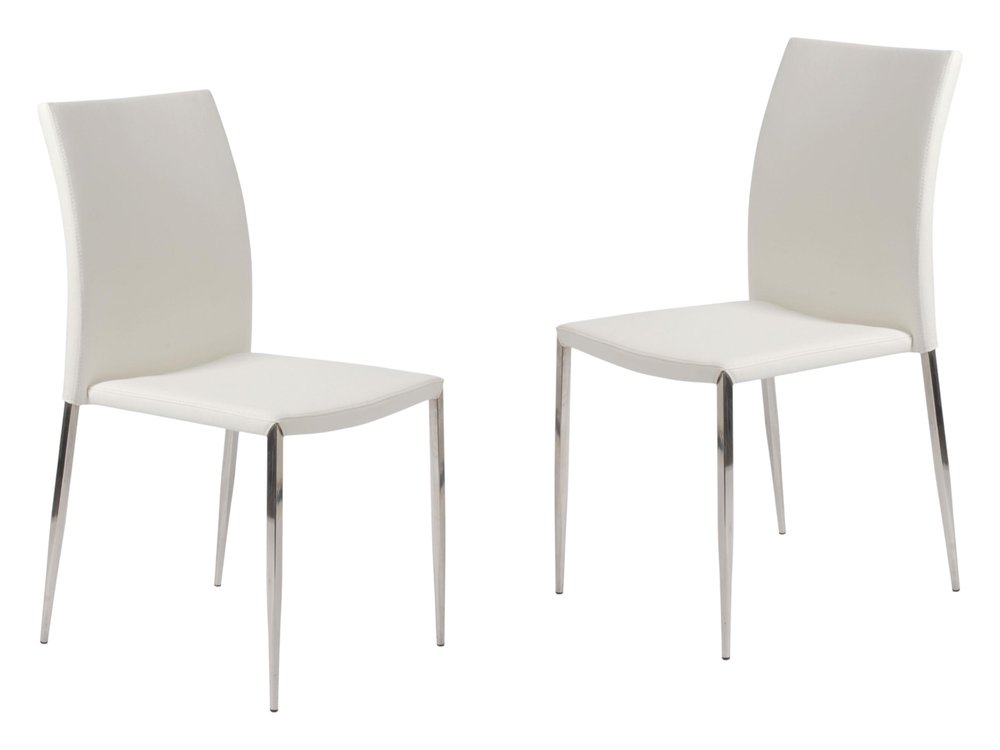Set of Two White and Silver Upholstered Faux Leather Dining Side Chairs